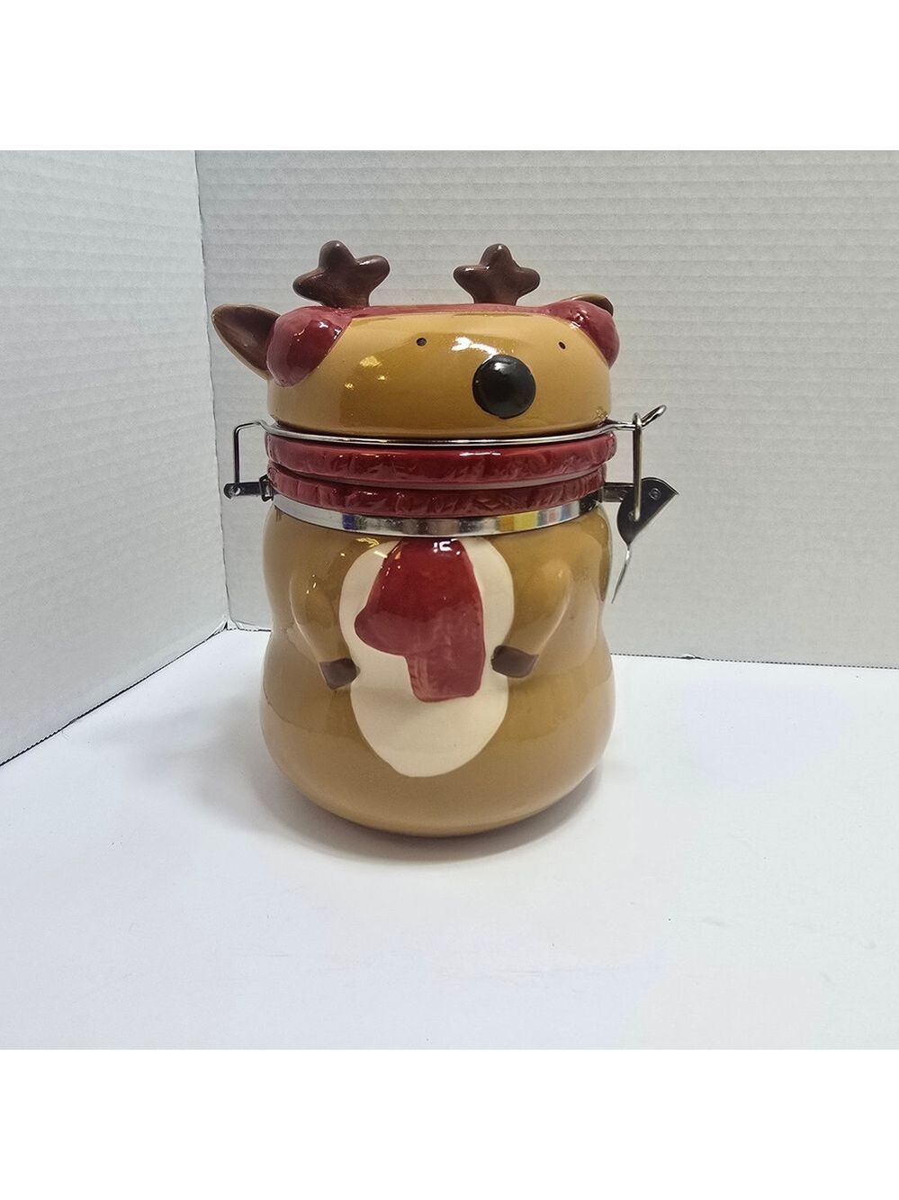 Festive Reindeer Cookie Jar - Brown and Red